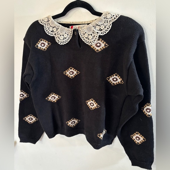 Vintage cotton blend Peter Pan collar embroidered third eye retro 80’s sweater S - Picture 3 of 5